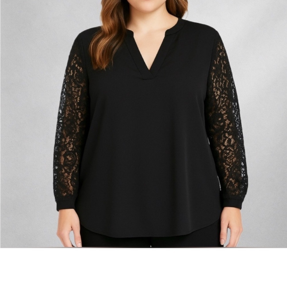 T Tahari Black Lace Tunic Blouse V Neck Long Sleeve 2X - Picture 10 of 10